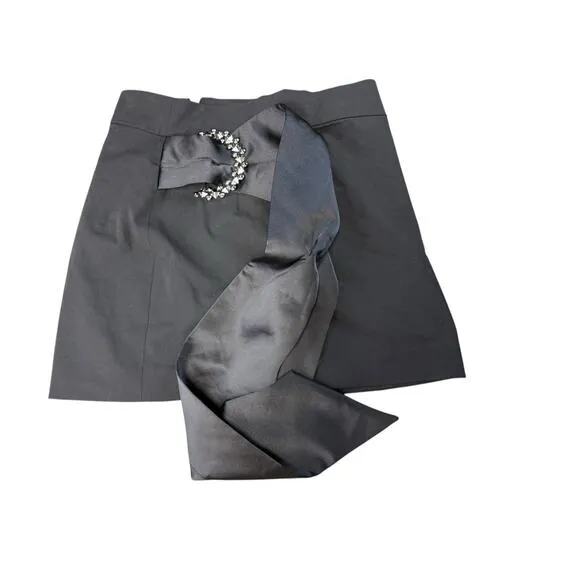 Zara Black Mini Skirt with Rhinestone Buckle &amp; Satin Bow Detail Size L