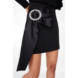Zara Black Mini Skirt with Rhinestone Buckle &amp; Satin Bow Detail Size L