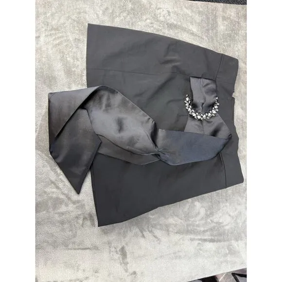 Zara Black Mini Skirt with Rhinestone Buckle &amp; Satin Bow Detail Size L