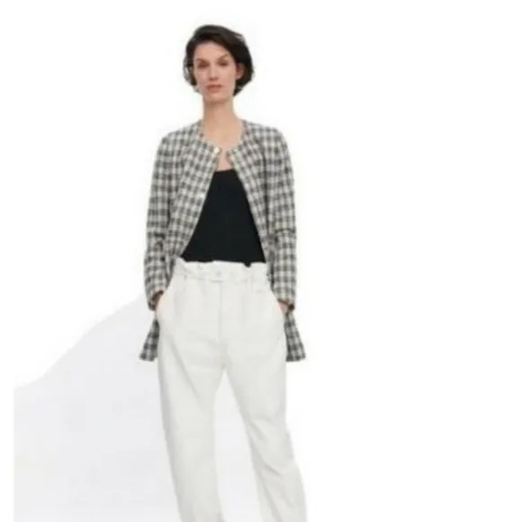 Zara Textured Plaid Fitted Long Blazer, size L