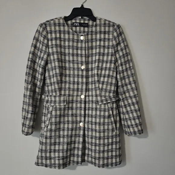 Zara Textured Plaid Fitted Long Blazer, size L