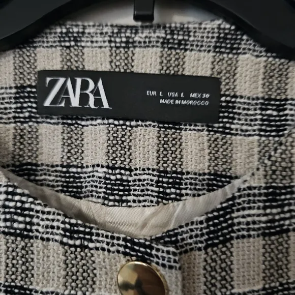 Zara Textured Plaid Fitted Long Blazer, size L