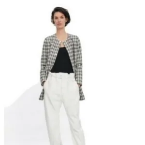 Zara Textured Plaid Fitted Long Blazer, size L